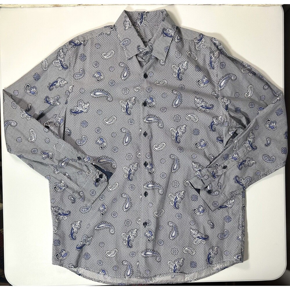 Tasso Elba Mens L 16-16.5 Paisley Button Up Shirt Blue